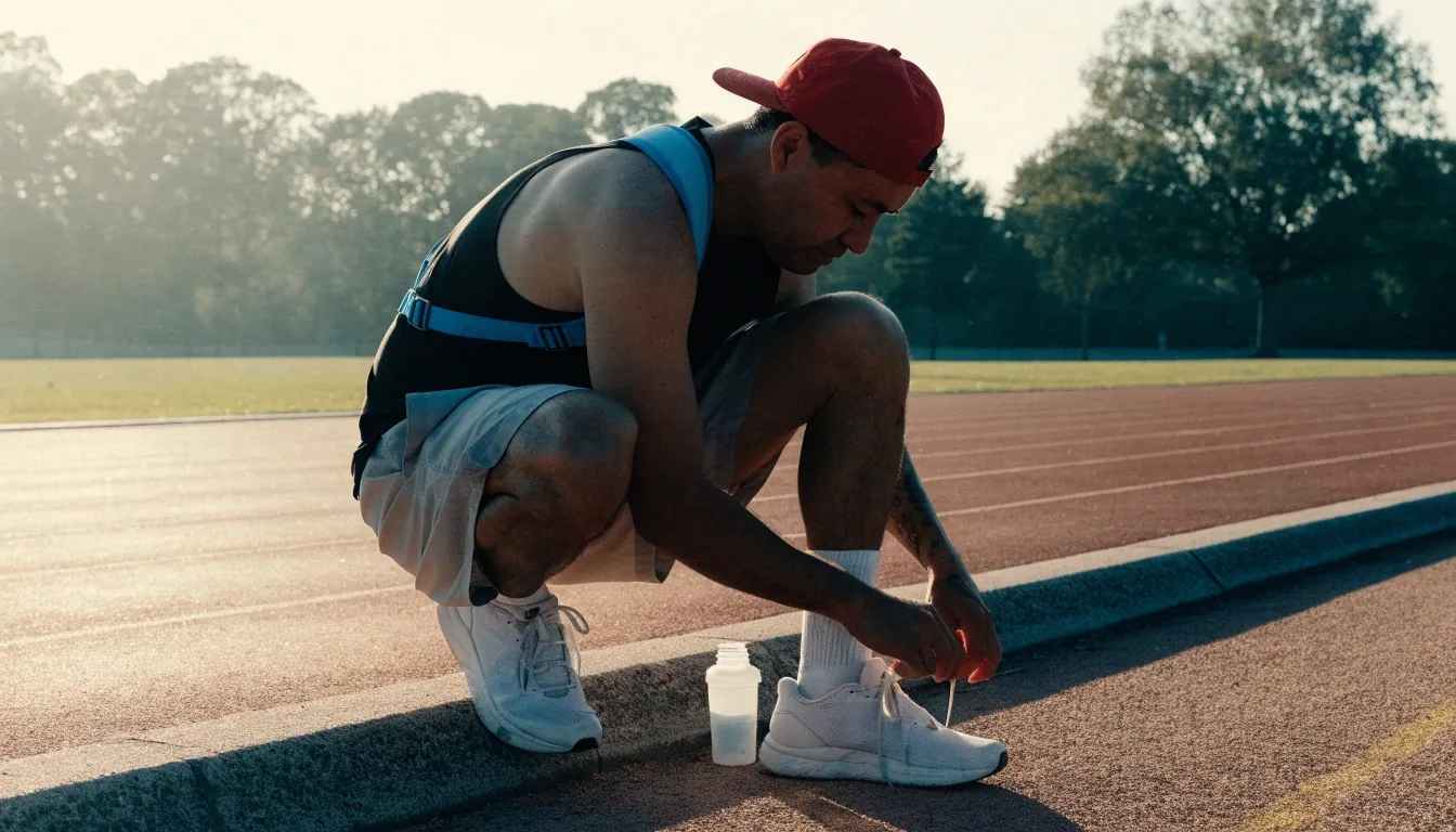 Hombre entrenando al aire libre al atardecer junto a un vaso mezclador sin marca en el suelo