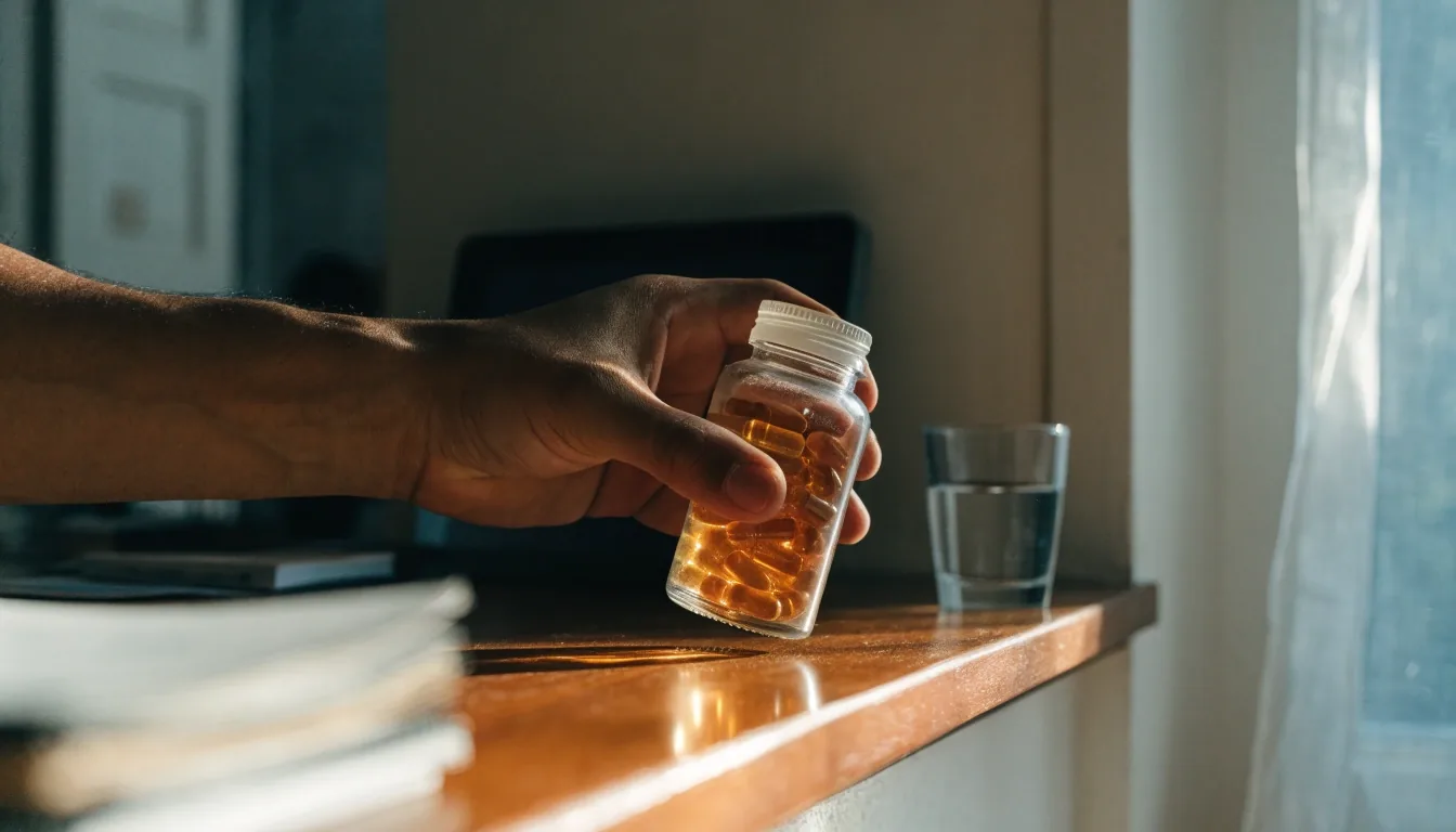 Mesa de madera junto a una ventana con un frasco de cápsulas sin marca y un vaso de agua