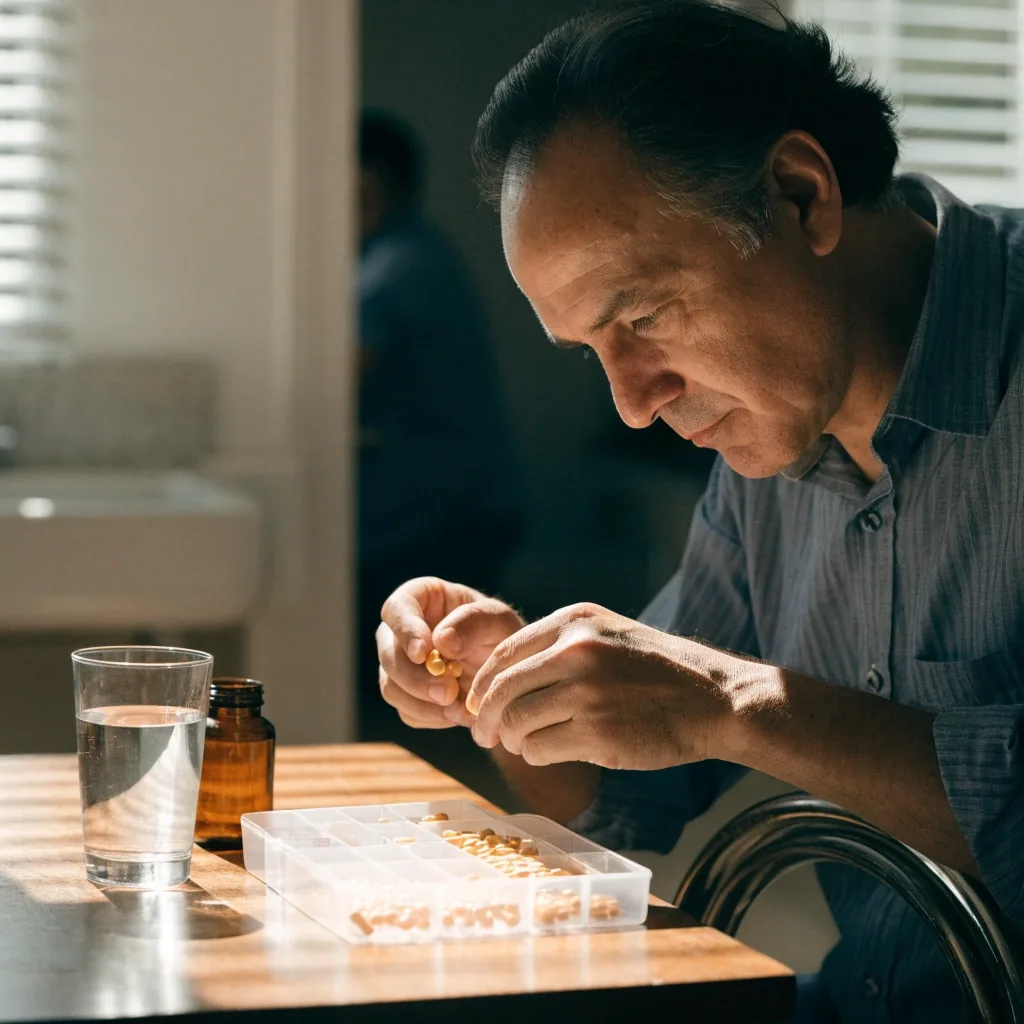 Rutina diaria con vaso de agua y organizador de vitaminas en la cocina