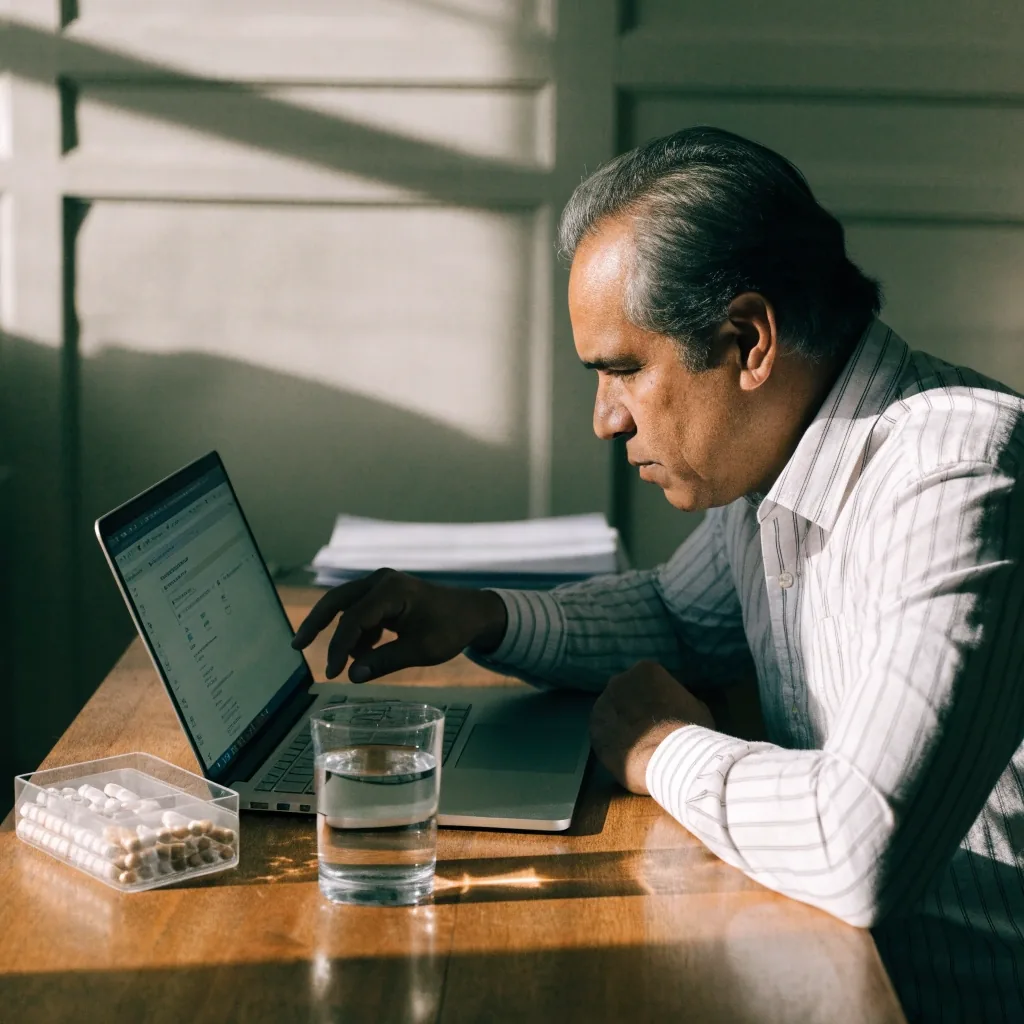 Persona ajustando la configuración de privacidad del navegador en una laptop, con una guía de bienestar y vitaminas sobre el escritorio