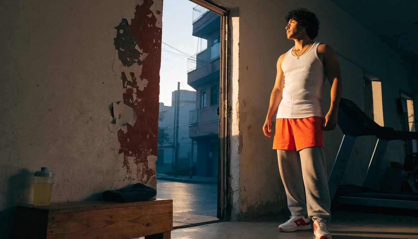 Hombre en la puerta de un gimnasio de barrio al amanecer antes de entrenar, con una botella y una toalla sobre una banca