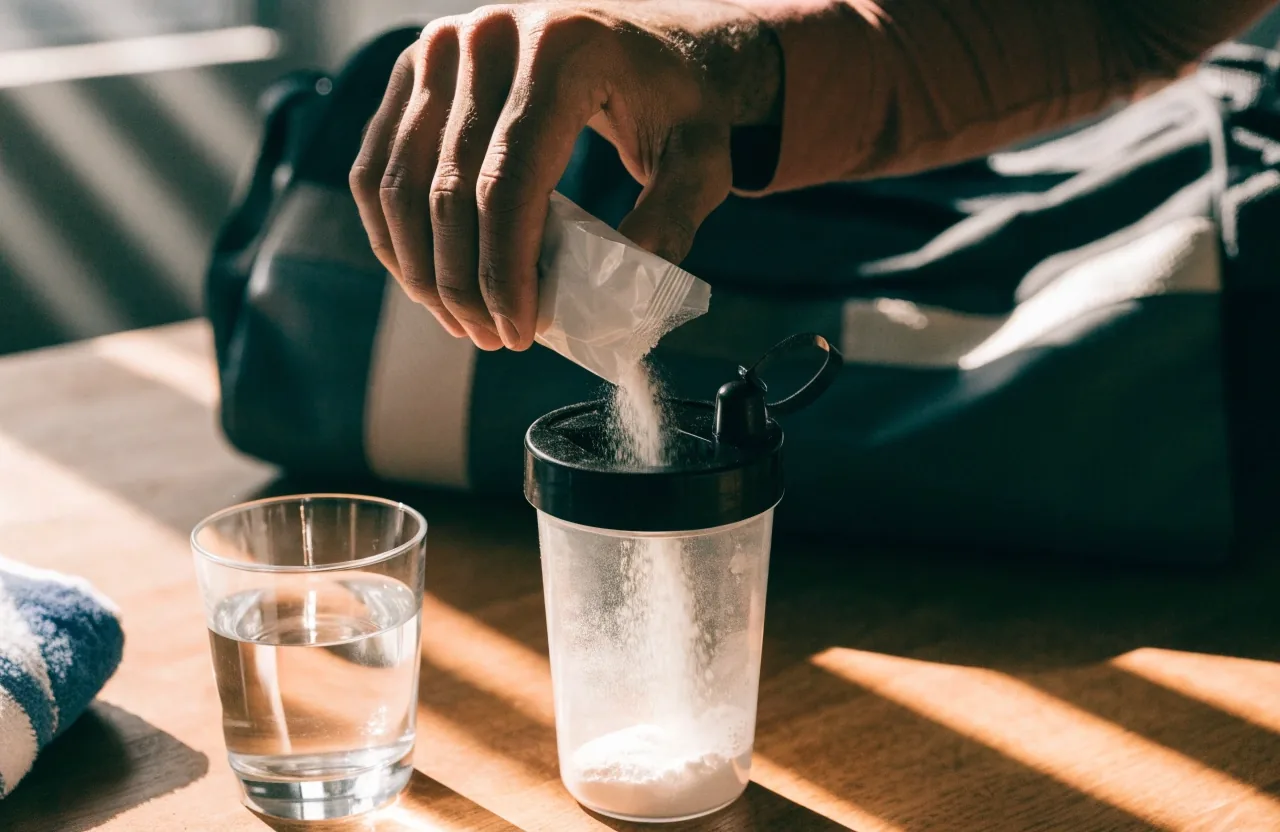 Manos sirviendo una medida de polvo blanco en un vaso mezclador sobre una barra de cocina