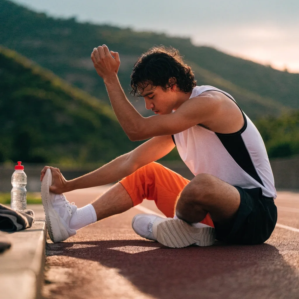 Pista de atletismo vacía al atardecer con una botella de agua y una toalla sobre el borde de concreto