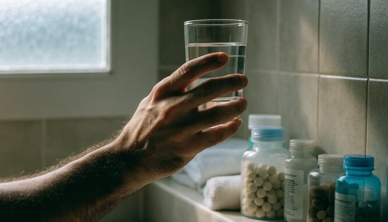 Repisa de baño con varios envases de suplemento sin etiquetas legibles, un vaso y una toalla doblada