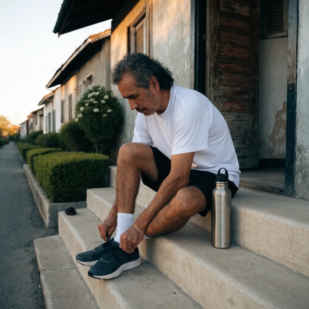 Gimnasio de barrio vacío al amanecer con pesas y una banca de madera