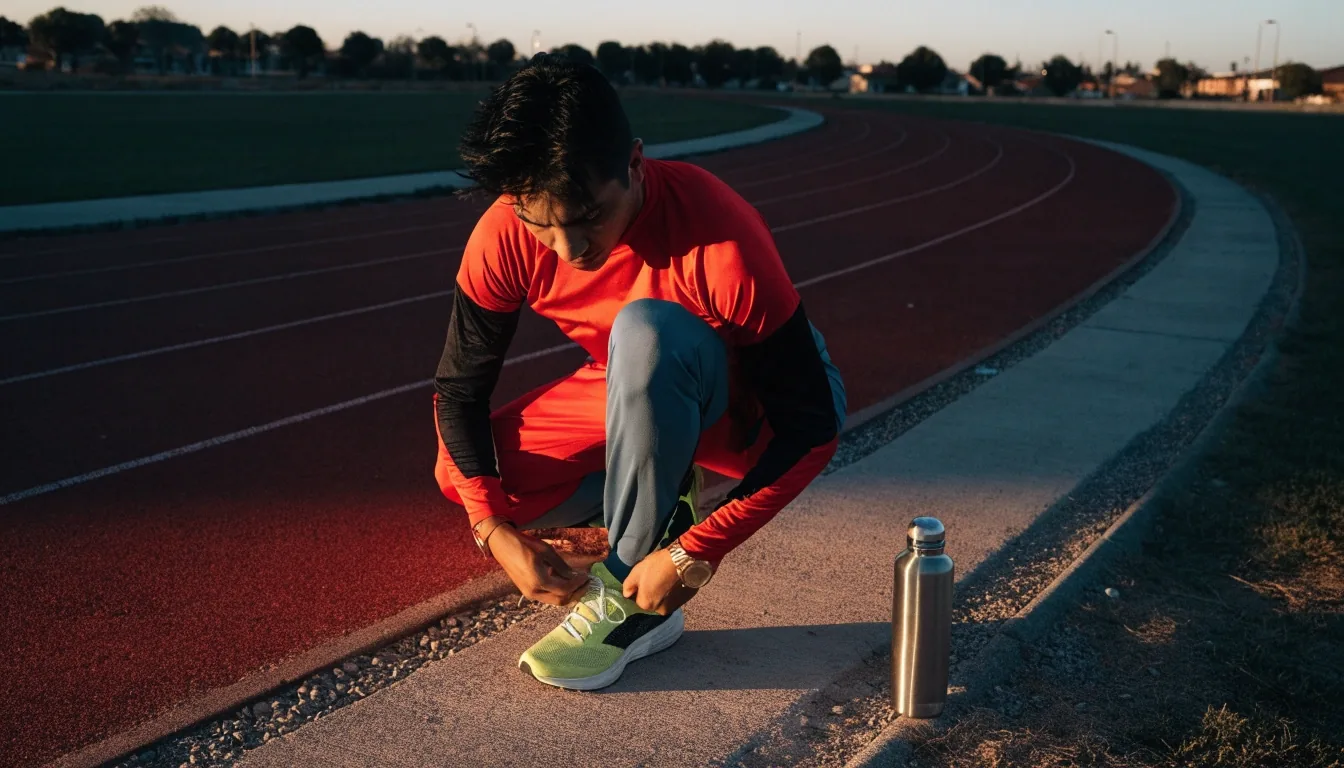 Hombre ajustando su calzado deportivo al amanecer junto a una pista atlética, con una botella de agua en el suelo