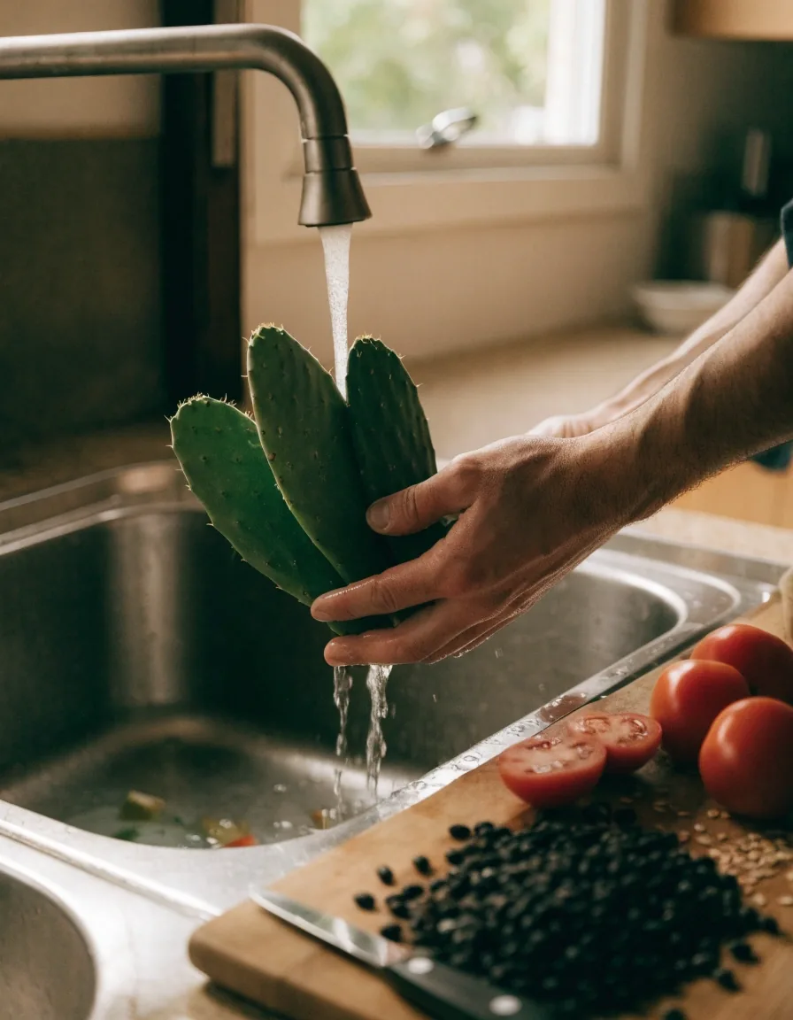Ingredientes frescos sobre una tabla de madera en la cocina: frijol, nopal, tomate, limón y avena