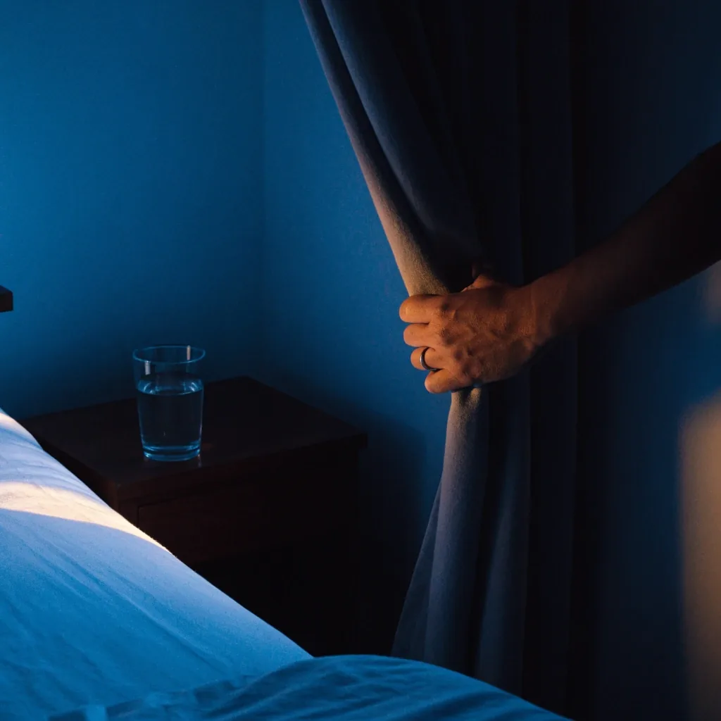 Recámara ordenada al amanecer con cortinas entreabiertas y un vaso de agua sobre la mesita de noche