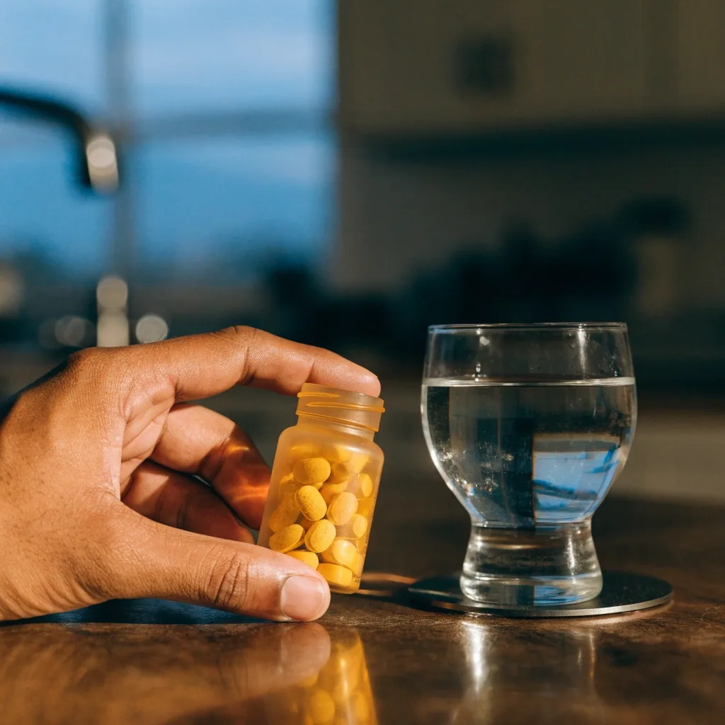 Estante de cocina al atardecer con un frasco de suplemento, un cuenco de cápsulas y un vaso de agua