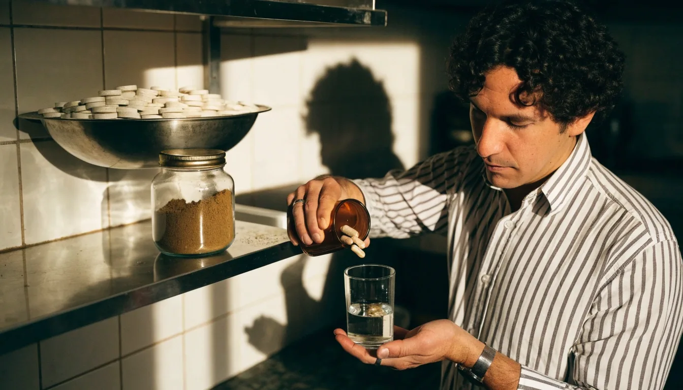 Hombre joven sirviendo agua en una cocina luminosa junto a vitaminas y maca en polvo