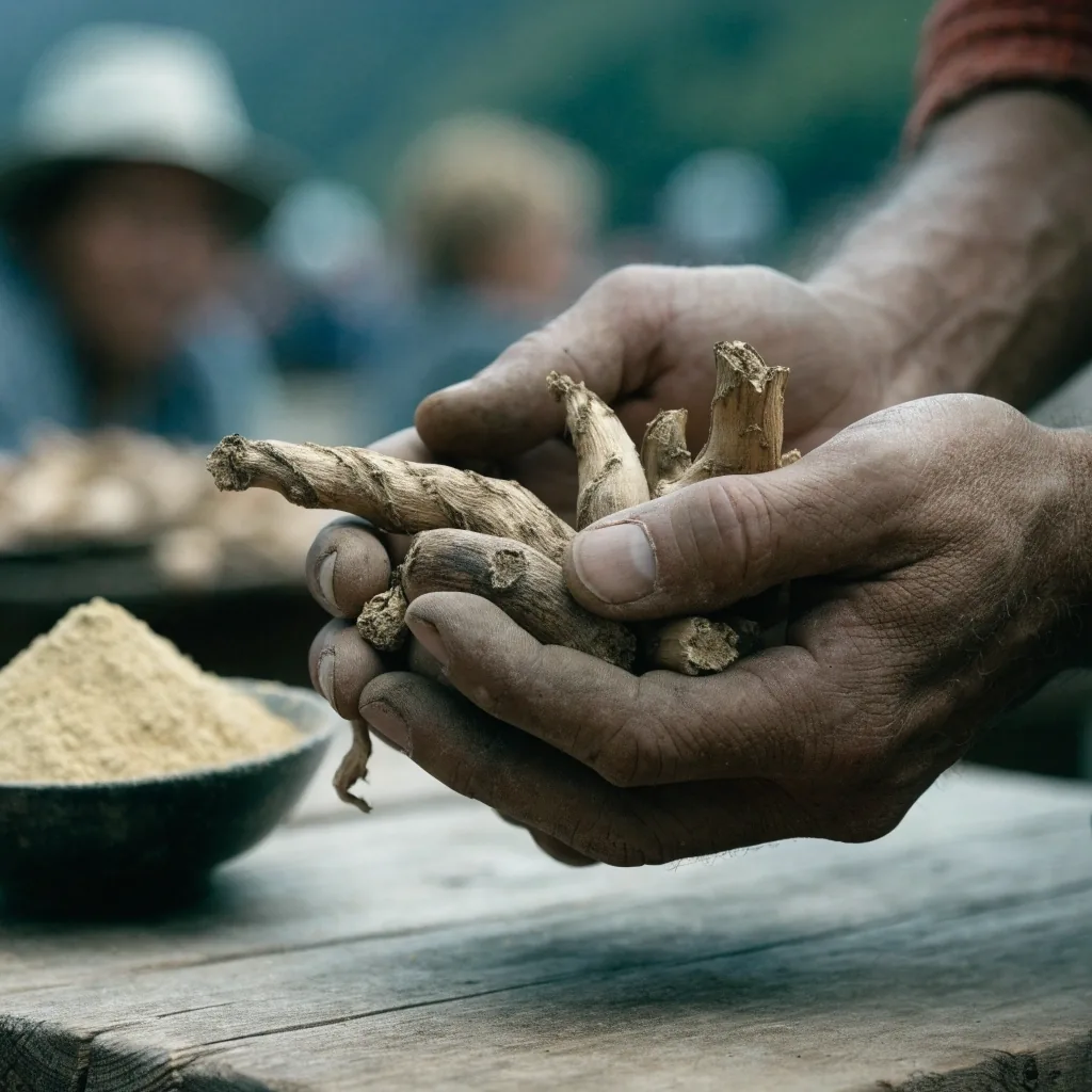 Raíz de maca andina seca junto a un cuenco oscuro con polvo de maca sobre lino crudo