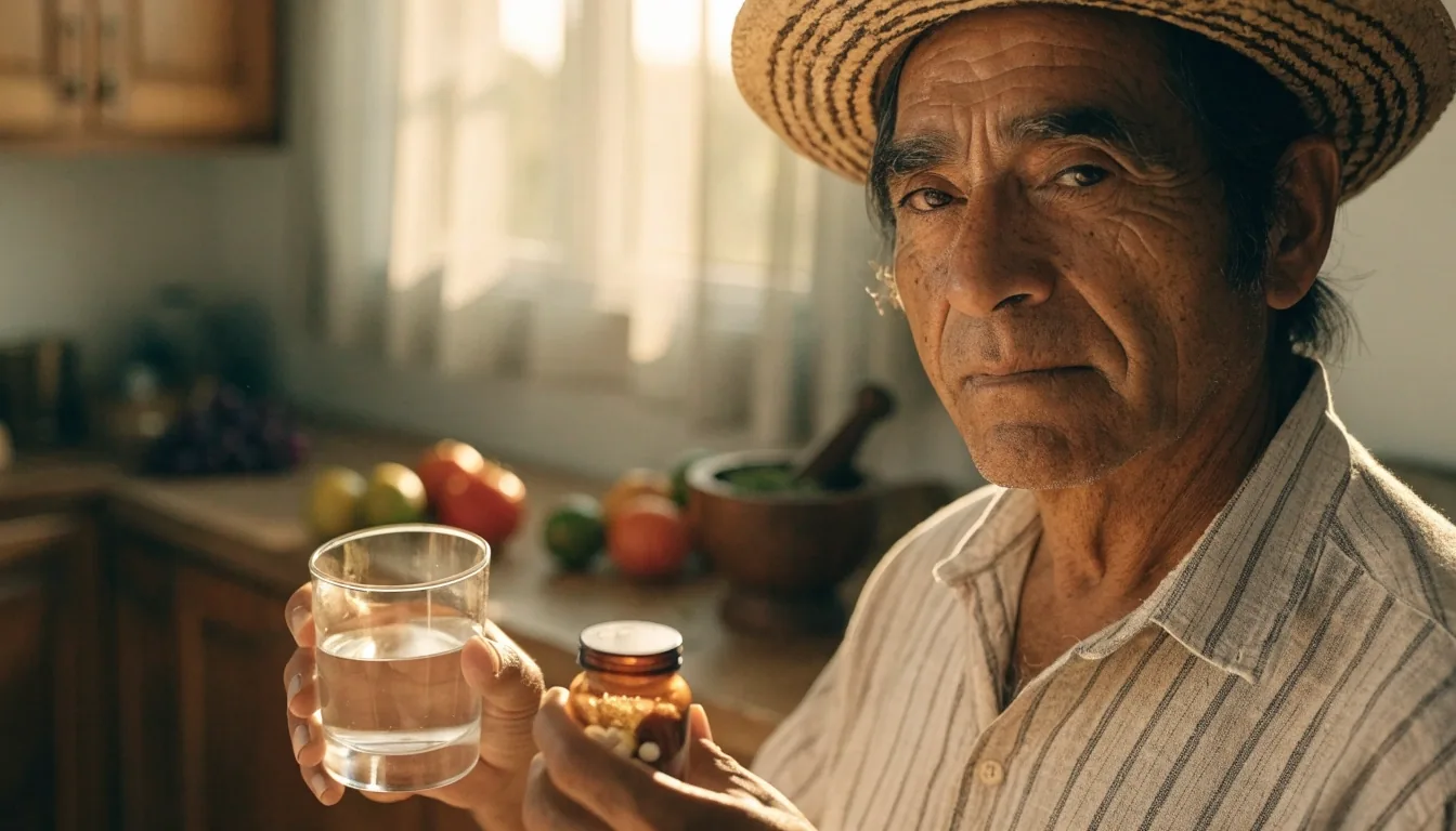 Hombre colocando una cápsula junto a un vaso de agua en una cocina mexicana al amanecer