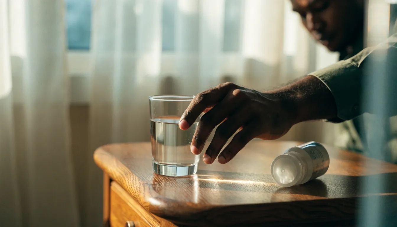 Interior tranquilo al atardecer con un vaso de agua y un envase sin etiqueta fuera de foco