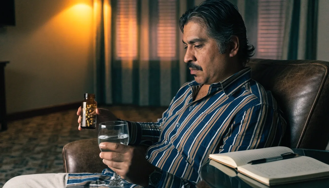 Escritorio en penumbra con cuaderno abierto, un vaso de agua y un frasco cerrado