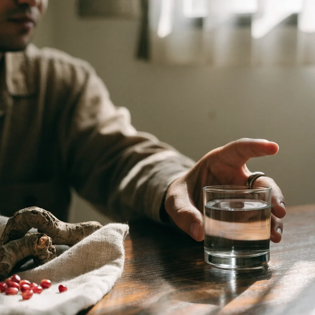 Raíces y semillas secas sobre pizarra oscura junto a un vaso de agua