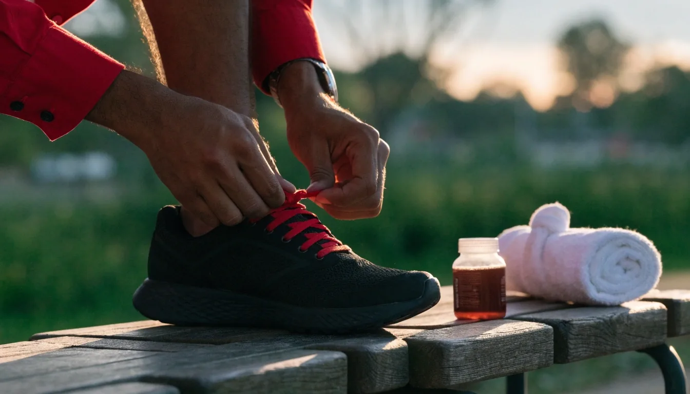 Rincón de entrenamiento con calzado, toalla y una botella pequeña sobre el suelo
