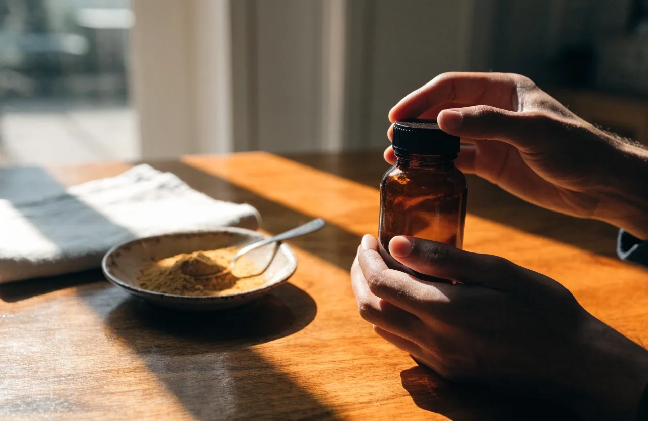 Botella de suplemento natural y maca sobre una mesa de madera junto a la ventana