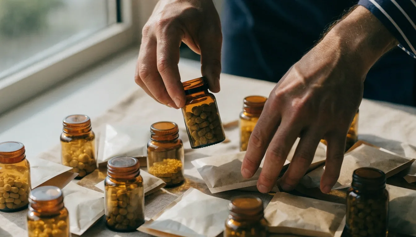 Manos ordenando frascos de suplementos y vitaminas para hombres sobre una superficie clara