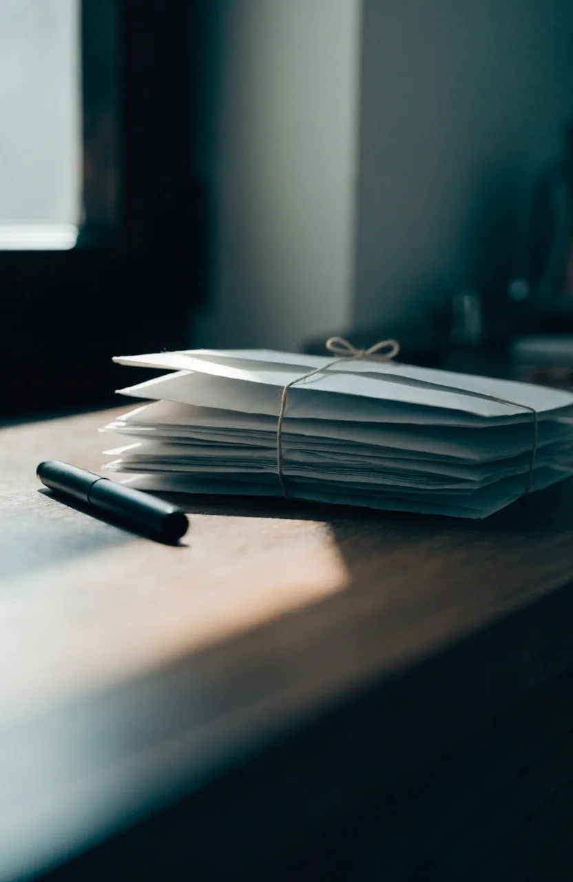 Sobres de papel y un bolígrafo sobre un escritorio oscuro, listos para una solicitud por escrito