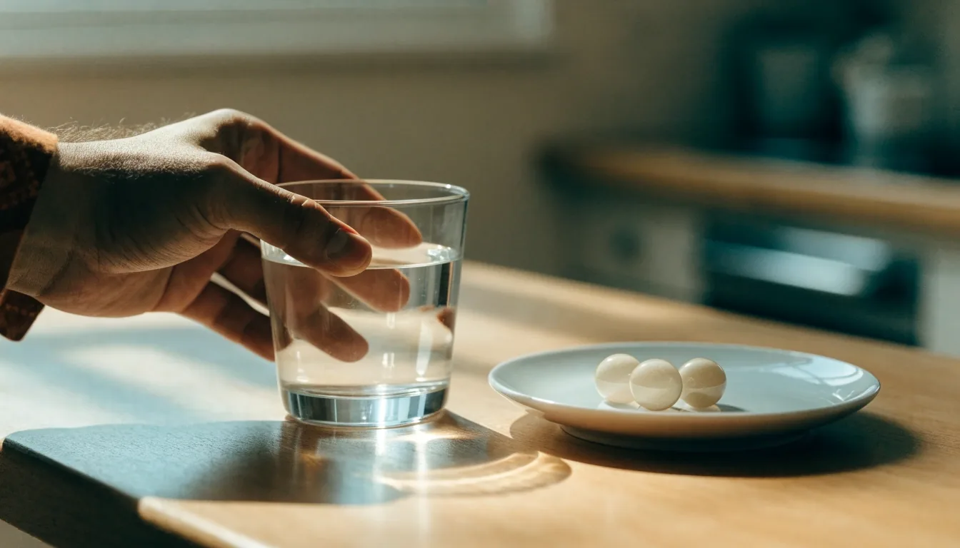 Vaso de agua y cápsulas naturales para la fuerza y la vitalidad sobre una mesa clara