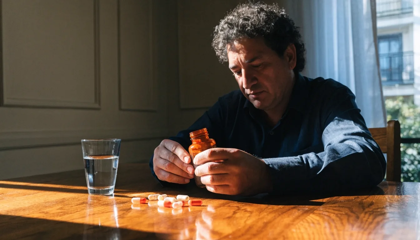 Hombre adulto revisando frascos de suplementos sin etiqueta legible sobre una mesa en un departamento con luz de mañana