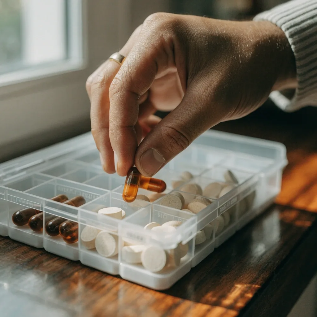 Cápsulas y comprimidos de vitaminas sobre una superficie de pizarra oscura